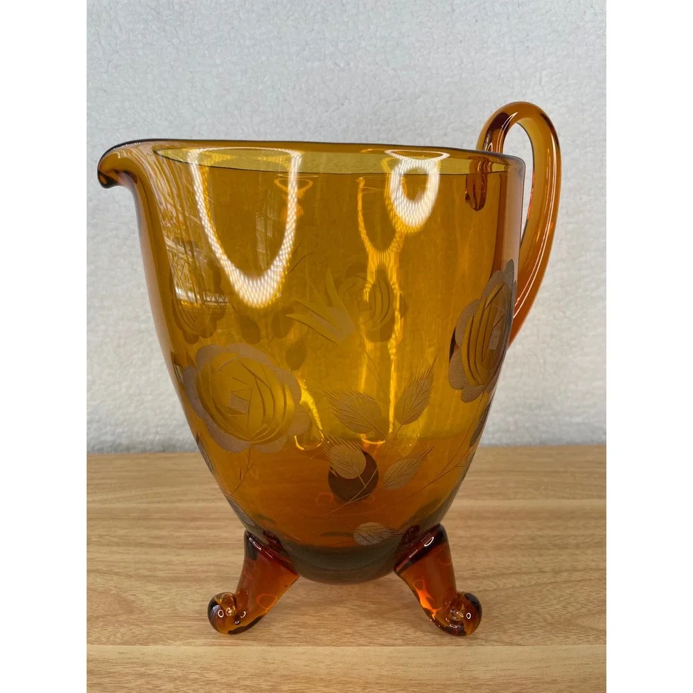 Vintage Amber Glass Pitcher Etched‎ Floral Rose Design 3-Footed Tripod 9.5 Inch